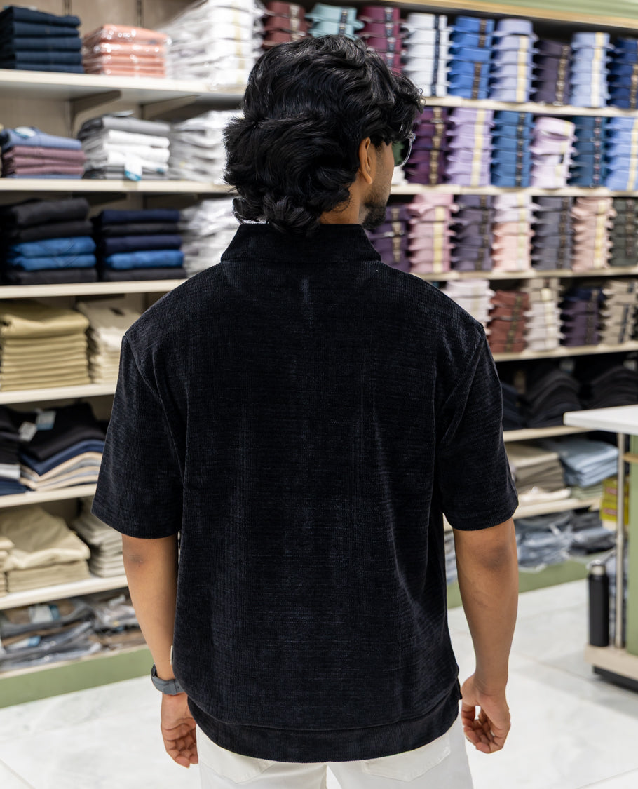 Black Plain Suede Zipper T-Shirt Features Half Sleeves, a Crew Neck, a Boxy Fit, and Regular Length