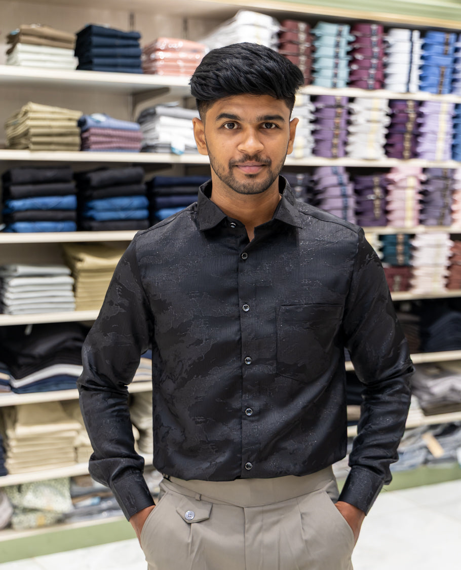 Black Poly Blended Party Wear Shirt Features Jacquard Texture, Full Sleeves, a Slim Fit, a Spread Collar, and Regular Length