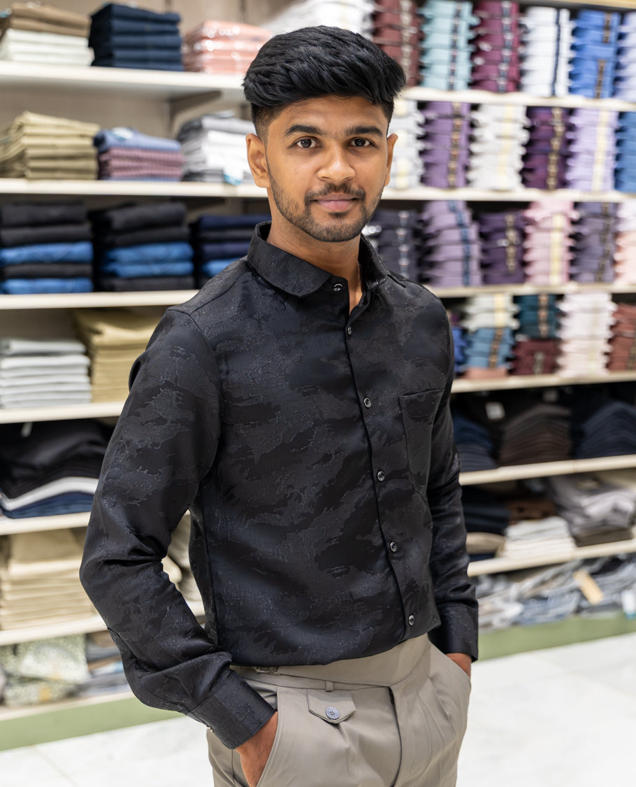 Black Poly Blended Party Wear Shirt Features Jacquard Texture, Full Sleeves, a Slim Fit, a Spread Collar, and Regular Length