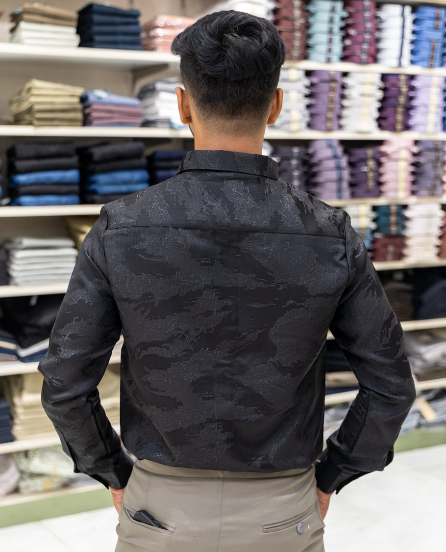 Black Poly Blended Party Wear Shirt Features Jacquard Texture, Full Sleeves, a Slim Fit, a Spread Collar, and Regular Length