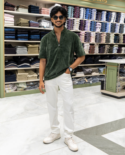 Green Plain Suede Zipper T-Shirt Features Half Sleeves, a Crew Neck, a Boxy Fit, and Regular Length