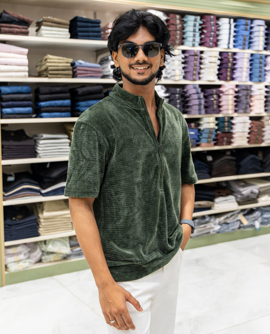 Green Plain Suede Zipper T-Shirt Features Half Sleeves, a Crew Neck, a Boxy Fit, and Regular Length
