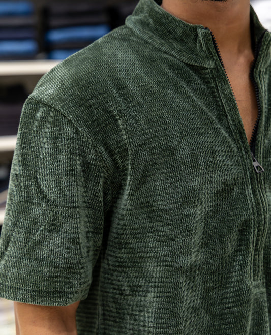Green Plain Suede Zipper T-Shirt Features Half Sleeves, a Crew Neck, a Boxy Fit, and Regular Length