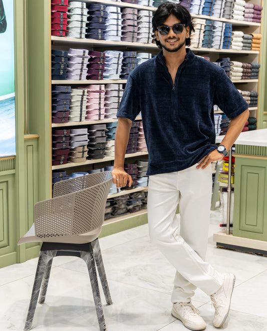 Blue Plain Suede Zipper T-Shirt Features Half Sleeves, a Crew Neck, a Boxy Fit, and Regular Length