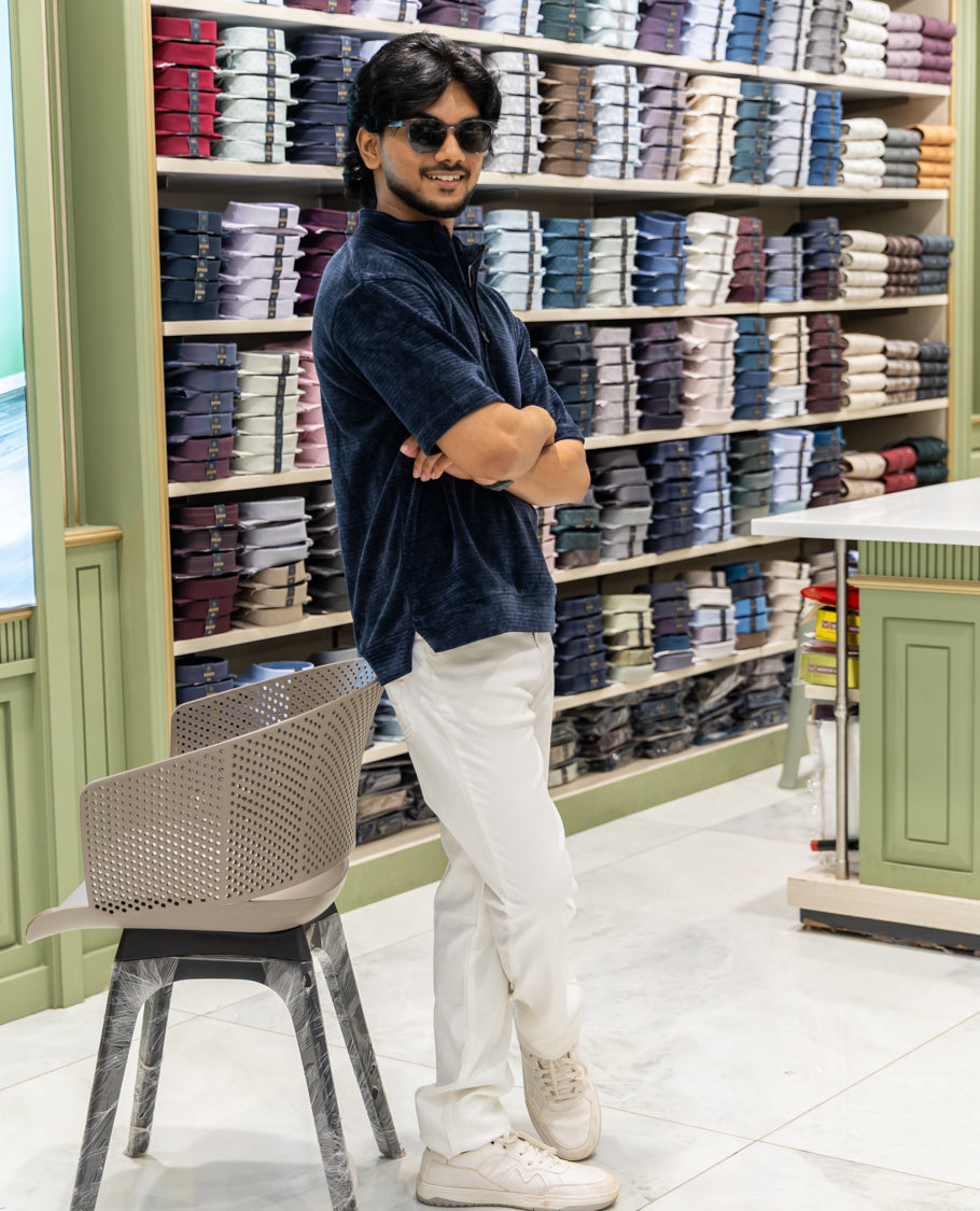 Blue Plain Suede Zipper T-Shirt Features Half Sleeves, a Crew Neck, a Boxy Fit, and Regular Length