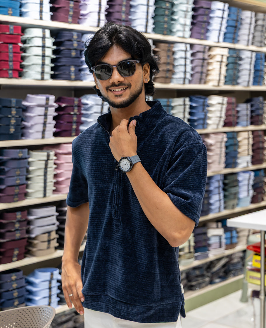 Blue Plain Suede Zipper T-Shirt Features Half Sleeves, a Crew Neck, a Boxy Fit, and Regular Length
