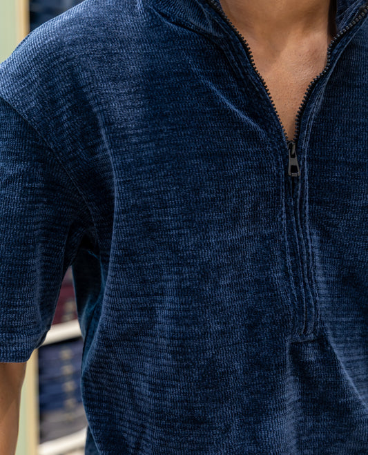 Blue Plain Suede Zipper T-Shirt Features Half Sleeves, a Crew Neck, a Boxy Fit, and Regular Length