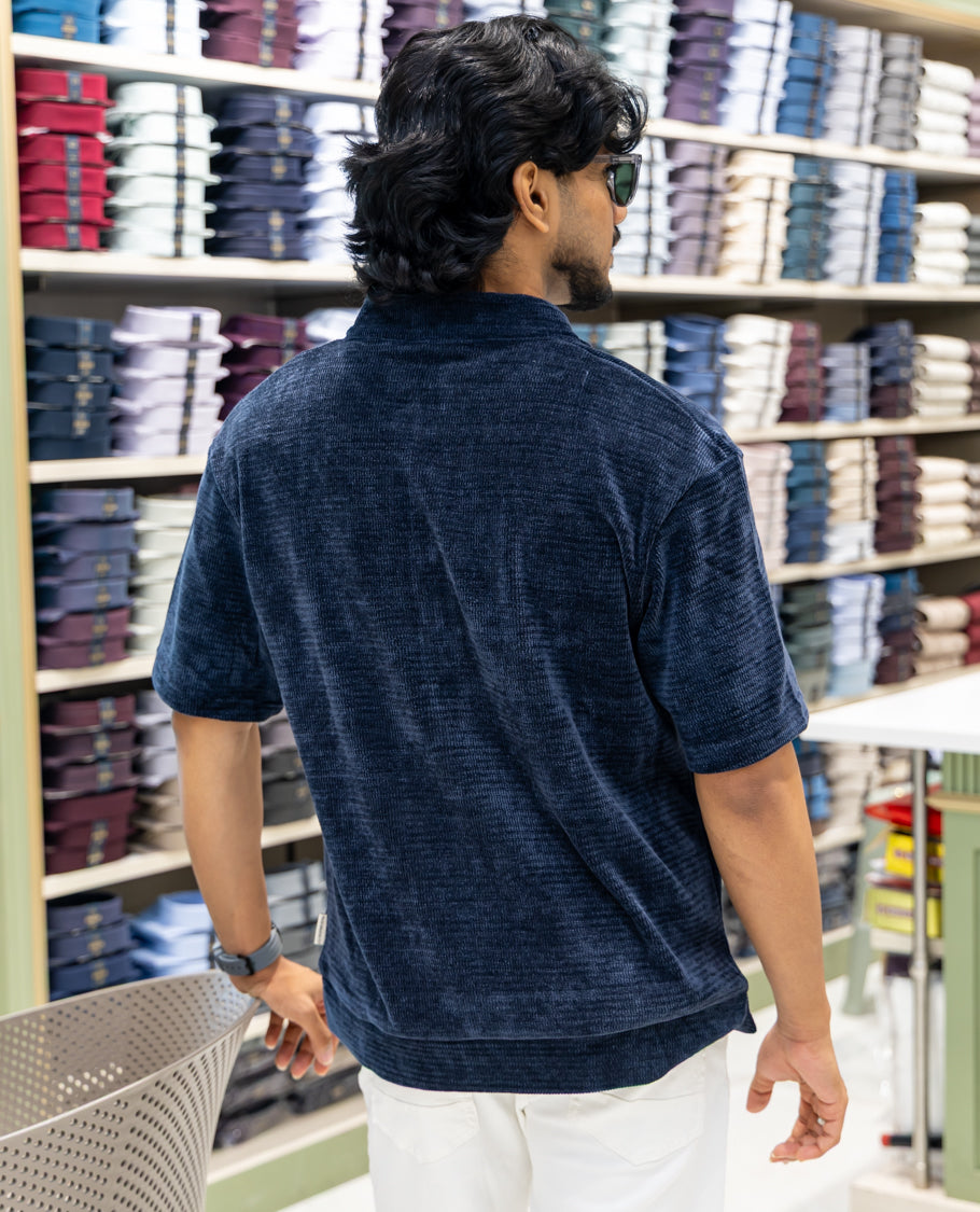 Blue Plain Suede Zipper T-Shirt Features Half Sleeves, a Crew Neck, a Boxy Fit, and Regular Length