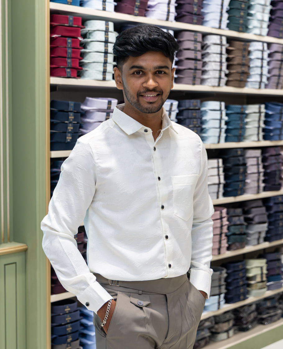 White Poly Blended Party Wear Shirt Features Jacquard Texture, Full Sleeves, a Slim Fit, a Spread Collar, and Regular Length