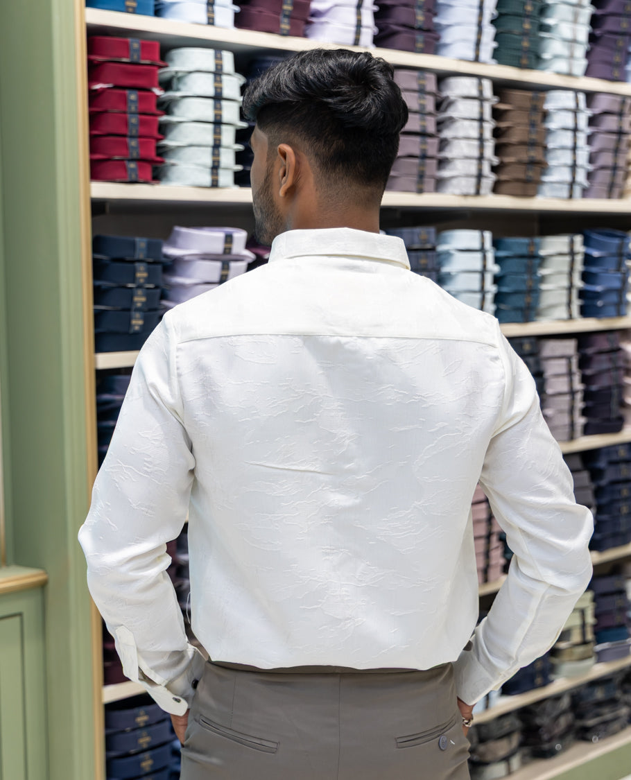 White Poly Blended Party Wear Shirt Features Jacquard Texture, Full Sleeves, a Slim Fit, a Spread Collar, and Regular Length