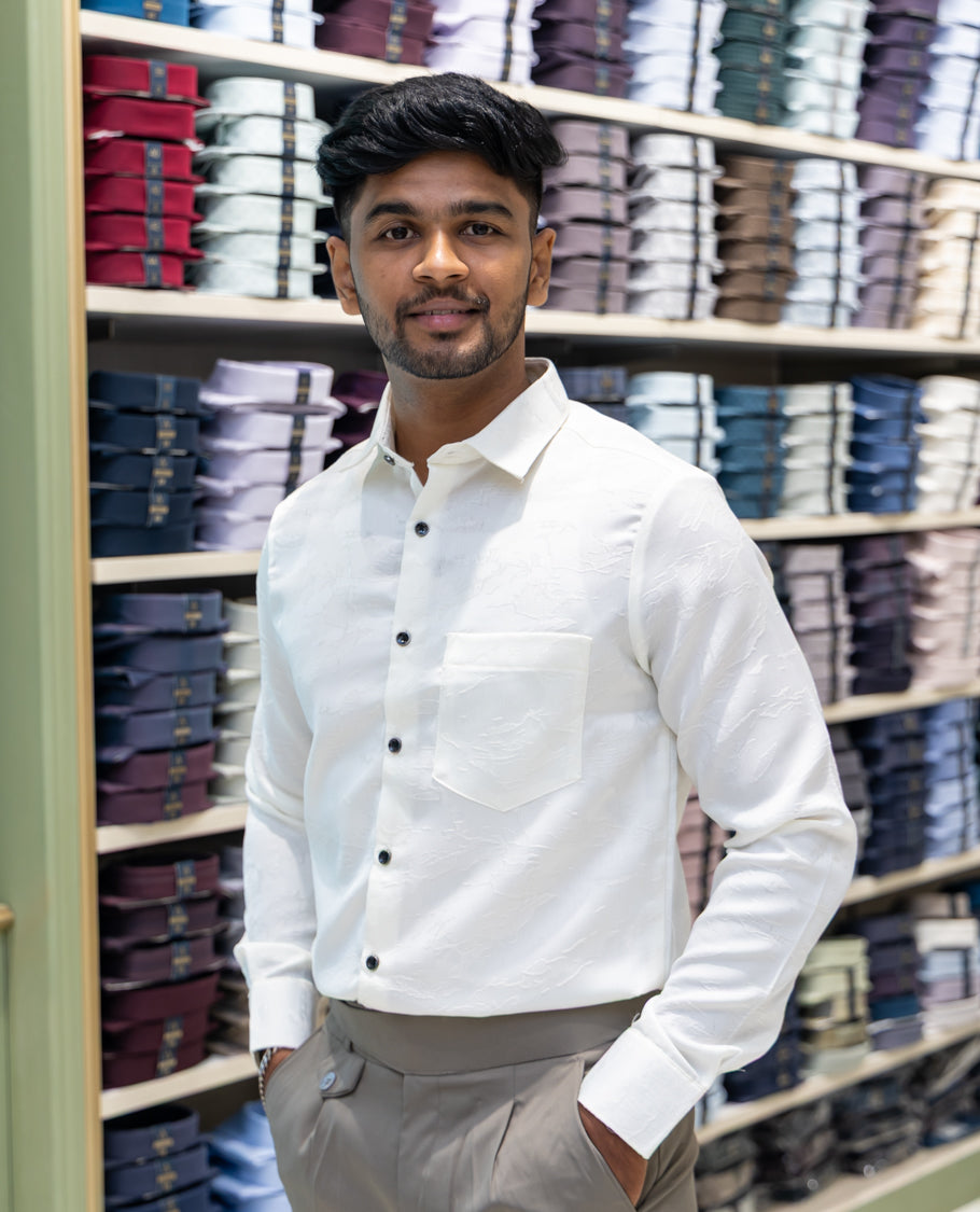 White Poly Blended Party Wear Shirt Features Jacquard Texture, Full Sleeves, a Slim Fit, a Spread Collar, and Regular Length
