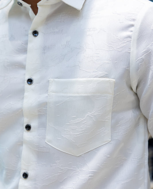 White Poly Blended Party Wear Shirt Features Jacquard Texture, Full Sleeves, a Slim Fit, a Spread Collar, and Regular Length