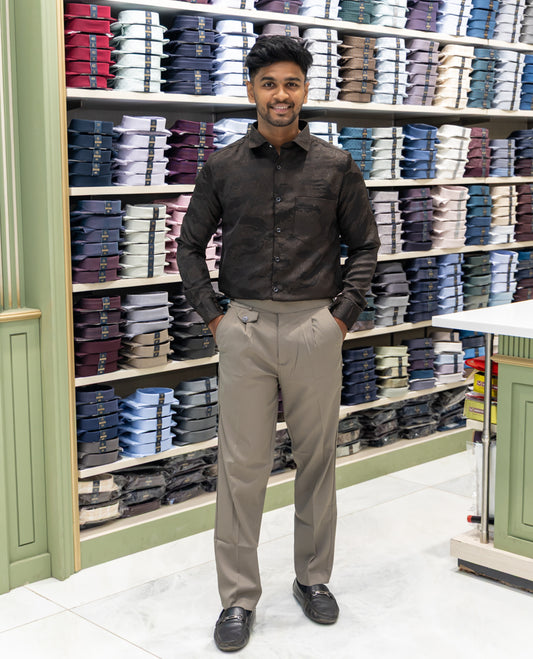 Brown Poly Blended Party Wear Shirt Features Jacquard Texture, Full Sleeves, a Slim Fit, a Spread Collar, and Regular Length
