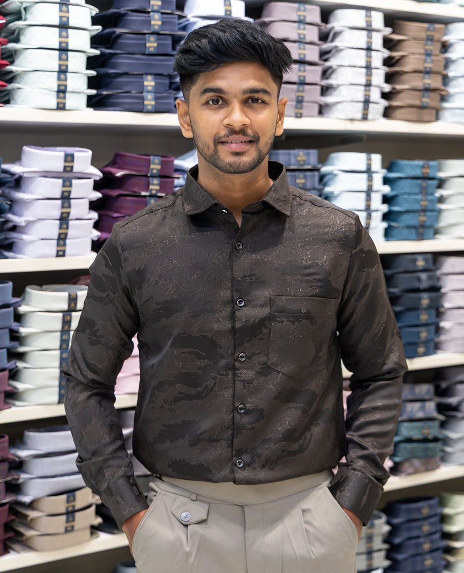 Brown Poly Blended Party Wear Shirt Features Jacquard Texture, Full Sleeves, a Slim Fit, a Spread Collar, and Regular Length
