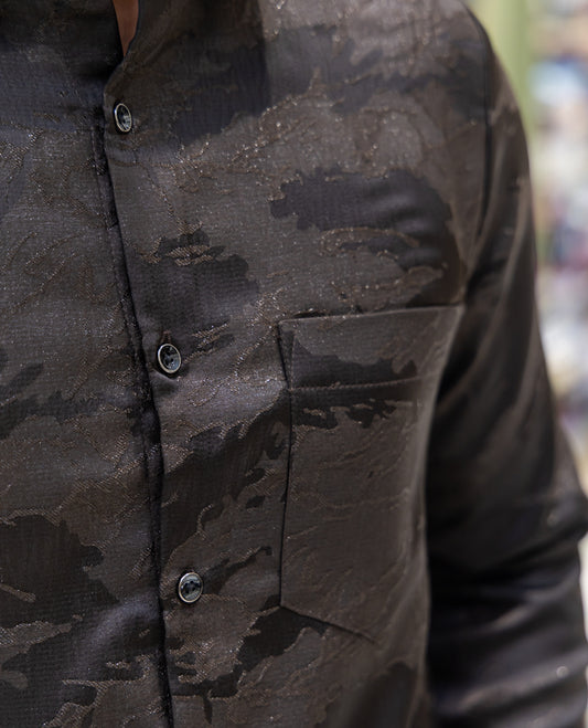 Brown Poly Blended Party Wear Shirt Features Jacquard Texture, Full Sleeves, a Slim Fit, a Spread Collar, and Regular Length