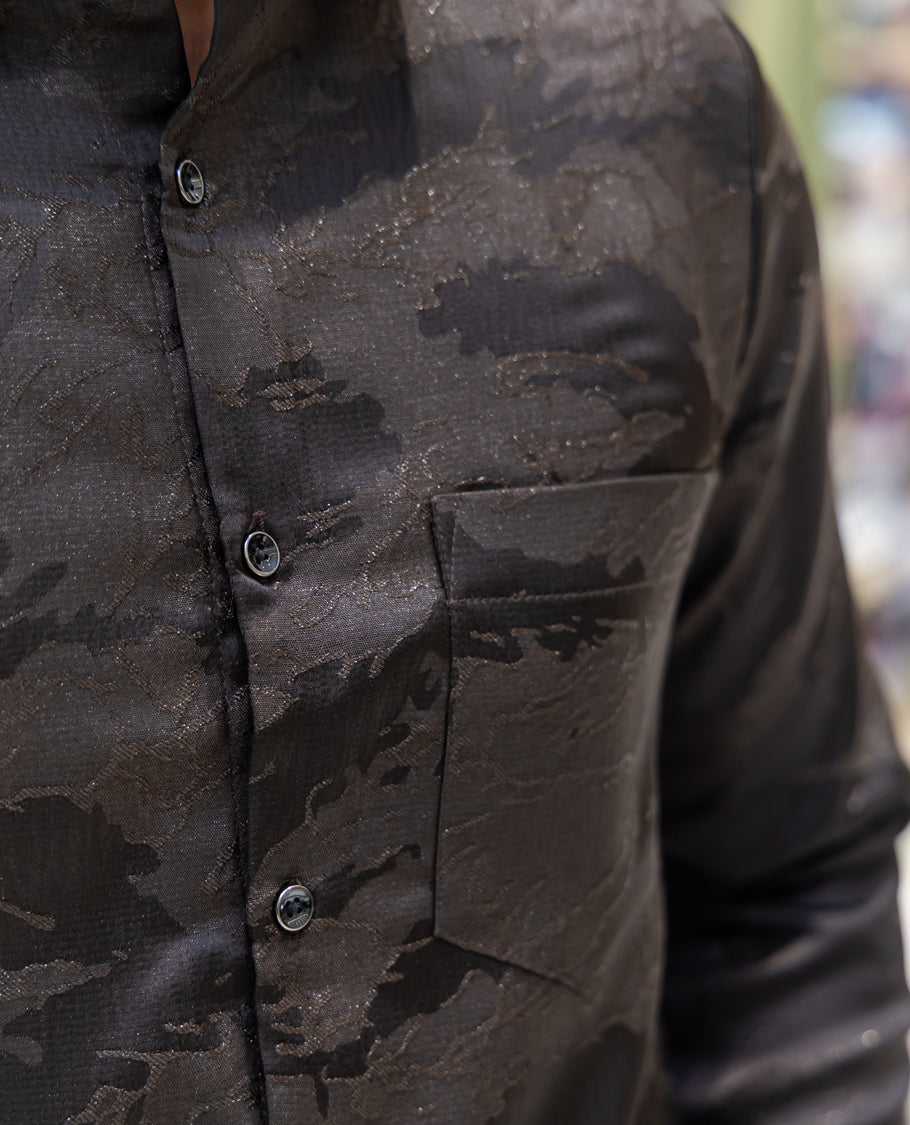 Brown Poly Blended Party Wear Shirt Features Jacquard Texture, Full Sleeves, a Slim Fit, a Spread Collar, and Regular Length