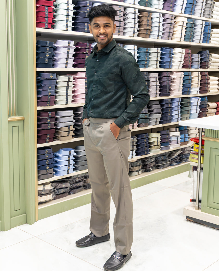 Green Poly Blended Party Wear Shirt Features Jacquard Texture, Full Sleeves, a Slim Fit, a Spread Collar, and Regular Length