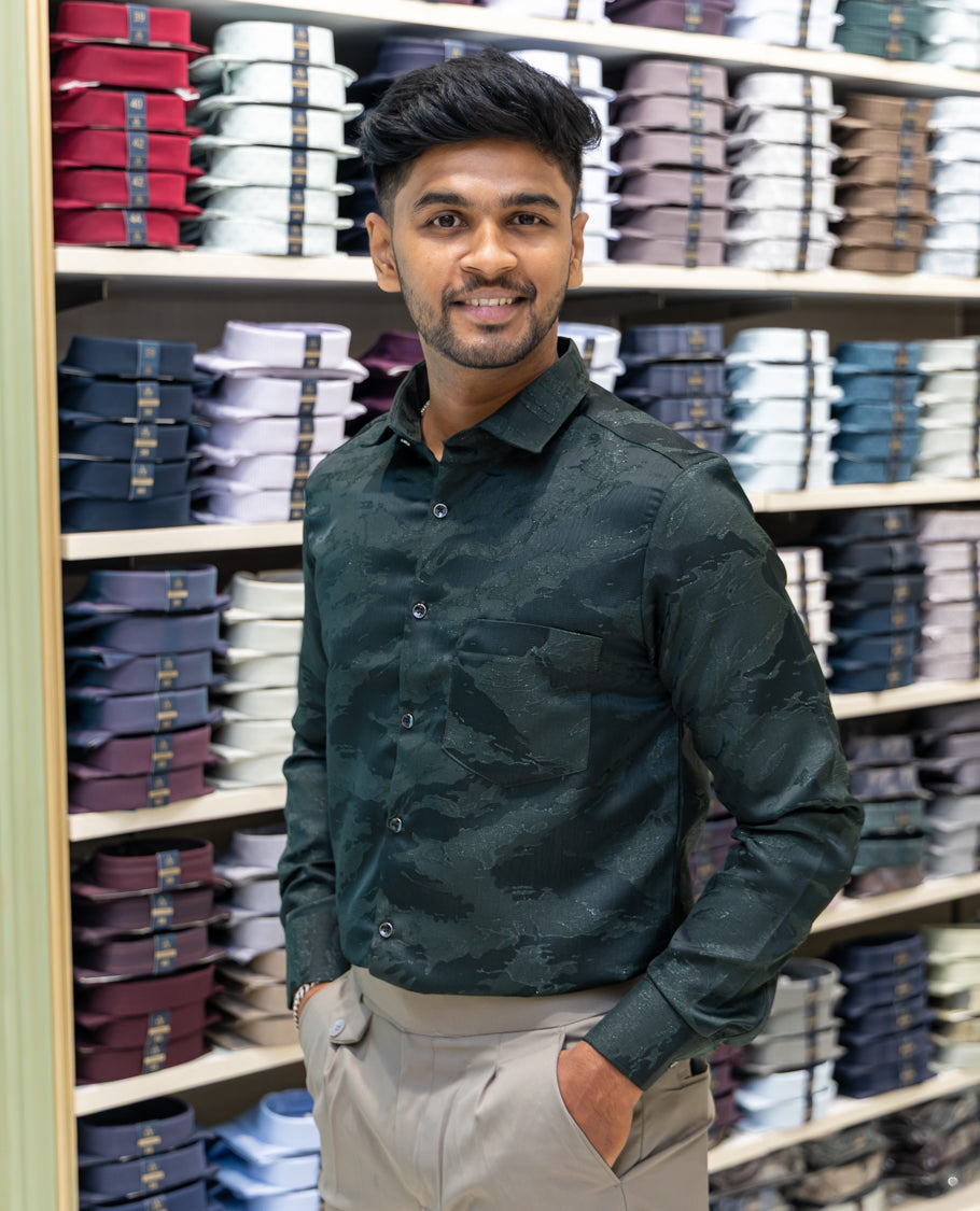 Green Poly Blended Party Wear Shirt Features Jacquard Texture, Full Sleeves, a Slim Fit, a Spread Collar, and Regular Length