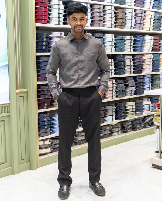 Grey Poly Blended Party Wear Shirt Features Jacquard Texture, Full Sleeves, a Slim Fit, a Spread Collar, and Regular Length