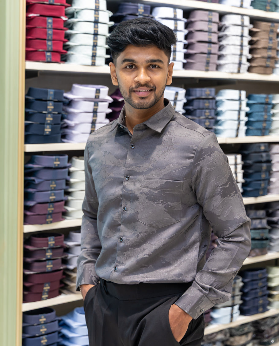 Grey Poly Blended Party Wear Shirt Features Jacquard Texture, Full Sleeves, a Slim Fit, a Spread Collar, and Regular Length