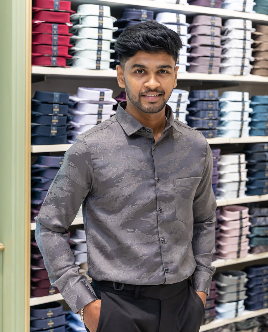 Grey Poly Blended Party Wear Shirt Features Jacquard Texture, Full Sleeves, a Slim Fit, a Spread Collar, and Regular Length