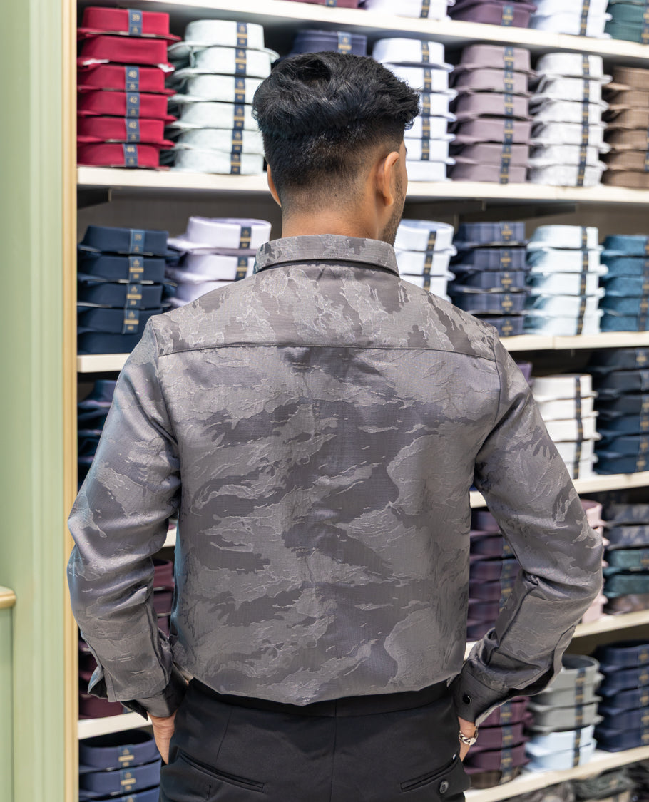Grey Poly Blended Party Wear Shirt Features Jacquard Texture, Full Sleeves, a Slim Fit, a Spread Collar, and Regular Length