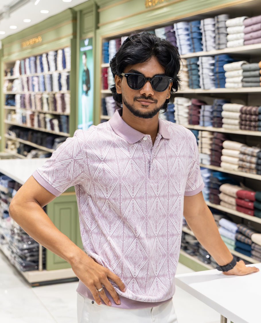 Pink Cotton-Blended Polo Neck T-Shirt Features Argyle Print, Half Sleeves, a Slim Fit, and Regular Length