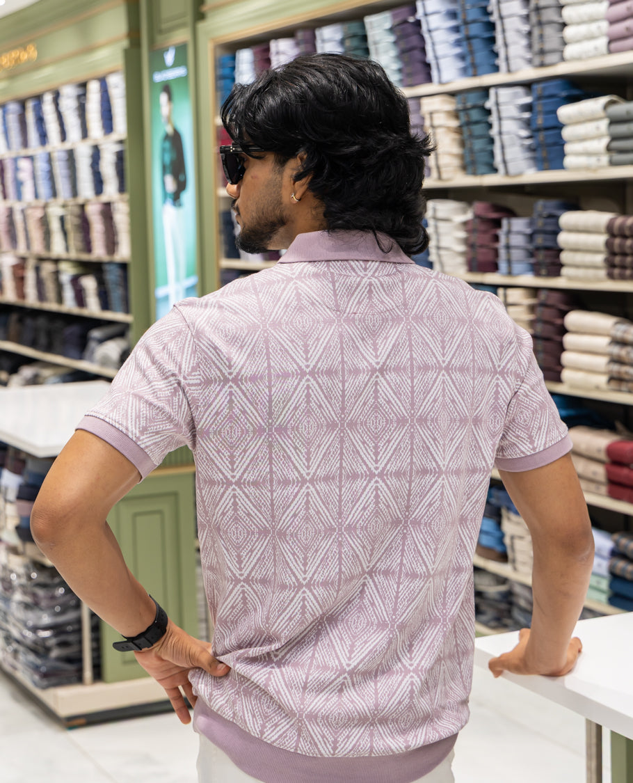 Pink Cotton-Blended Polo Neck T-Shirt Features Argyle Print, Half Sleeves, a Slim Fit, and Regular Length