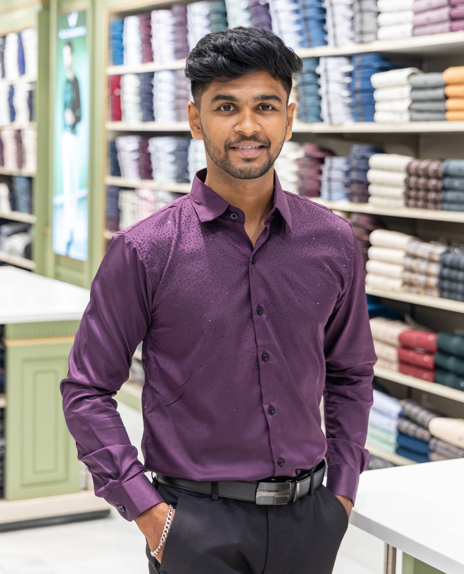 Purple Poly Satin Party Wear Shirt Features Micro-Stonework, Full Sleeves, a Slim Fit, a Spread Collar, and Regular Length