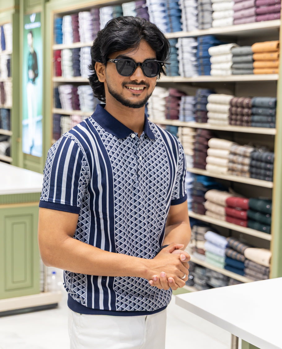 Black Cotton-Blended Polo Neck T-Shirt Features Triangle Grid Print, Half Sleeves, a Slim Fit, and Regular Length