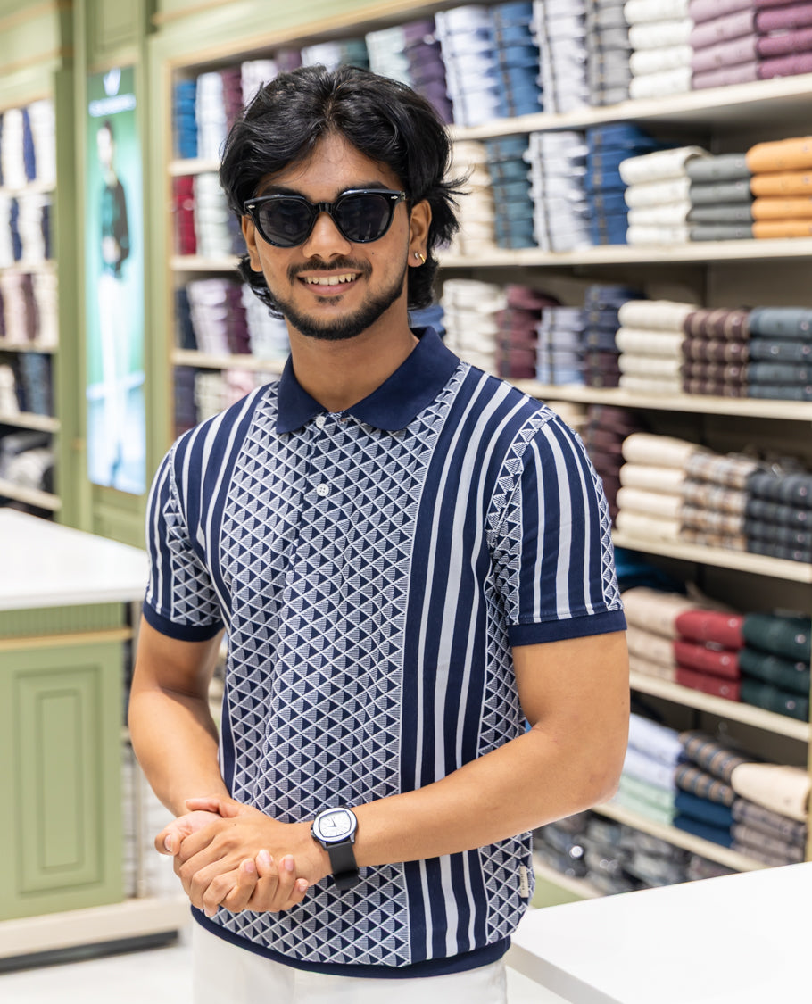 Black Cotton-Blended Polo Neck T-Shirt Features Triangle Grid Print, Half Sleeves, a Slim Fit, and Regular Length