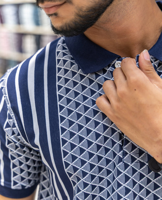 Black Cotton-Blended Polo Neck T-Shirt Features Triangle Grid Print, Half Sleeves, a Slim Fit, and Regular Length
