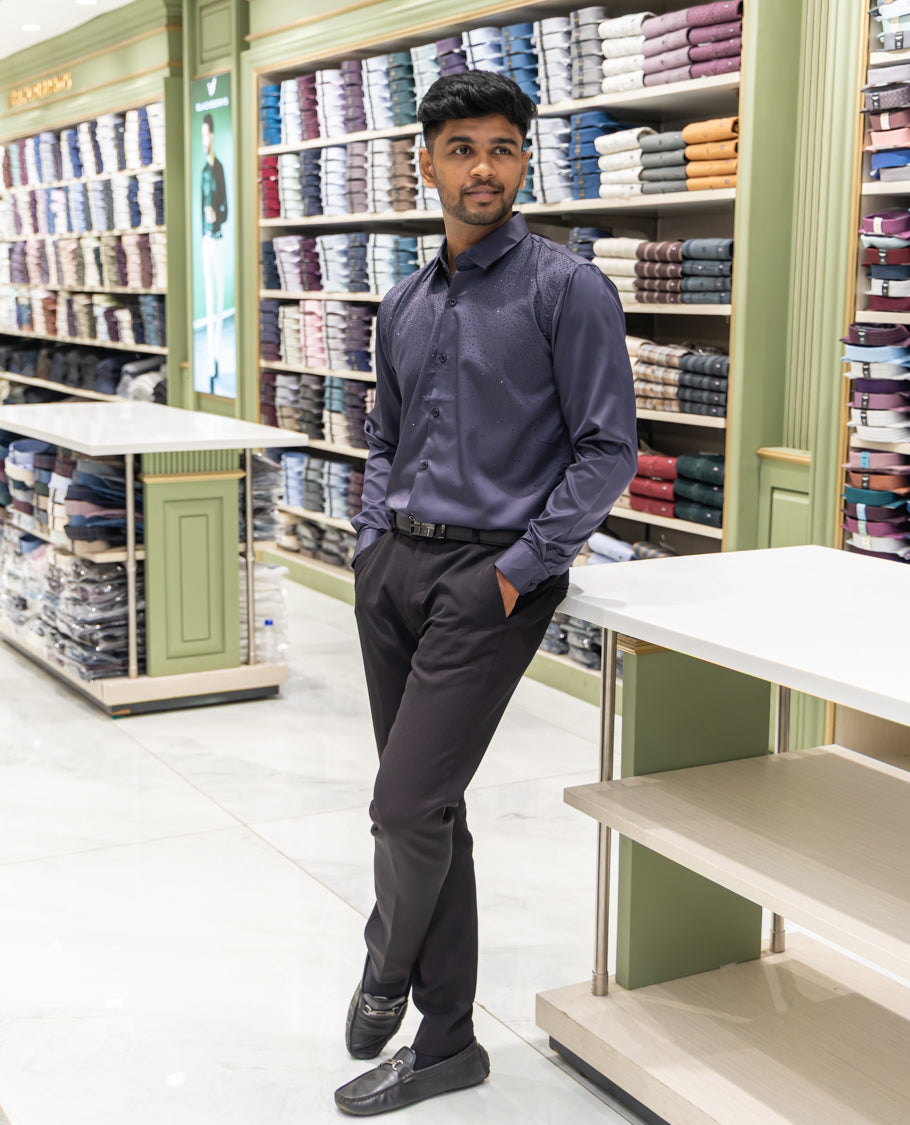 Grey Poly Satin Party Wear Shirt Features Micro-Stonework, Full Sleeves, a Slim Fit, a Spread Collar, and Regular Length