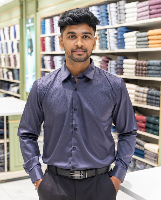 Grey Poly Satin Party Wear Shirt Features Micro-Stonework, Full Sleeves, a Slim Fit, a Spread Collar, and Regular Length