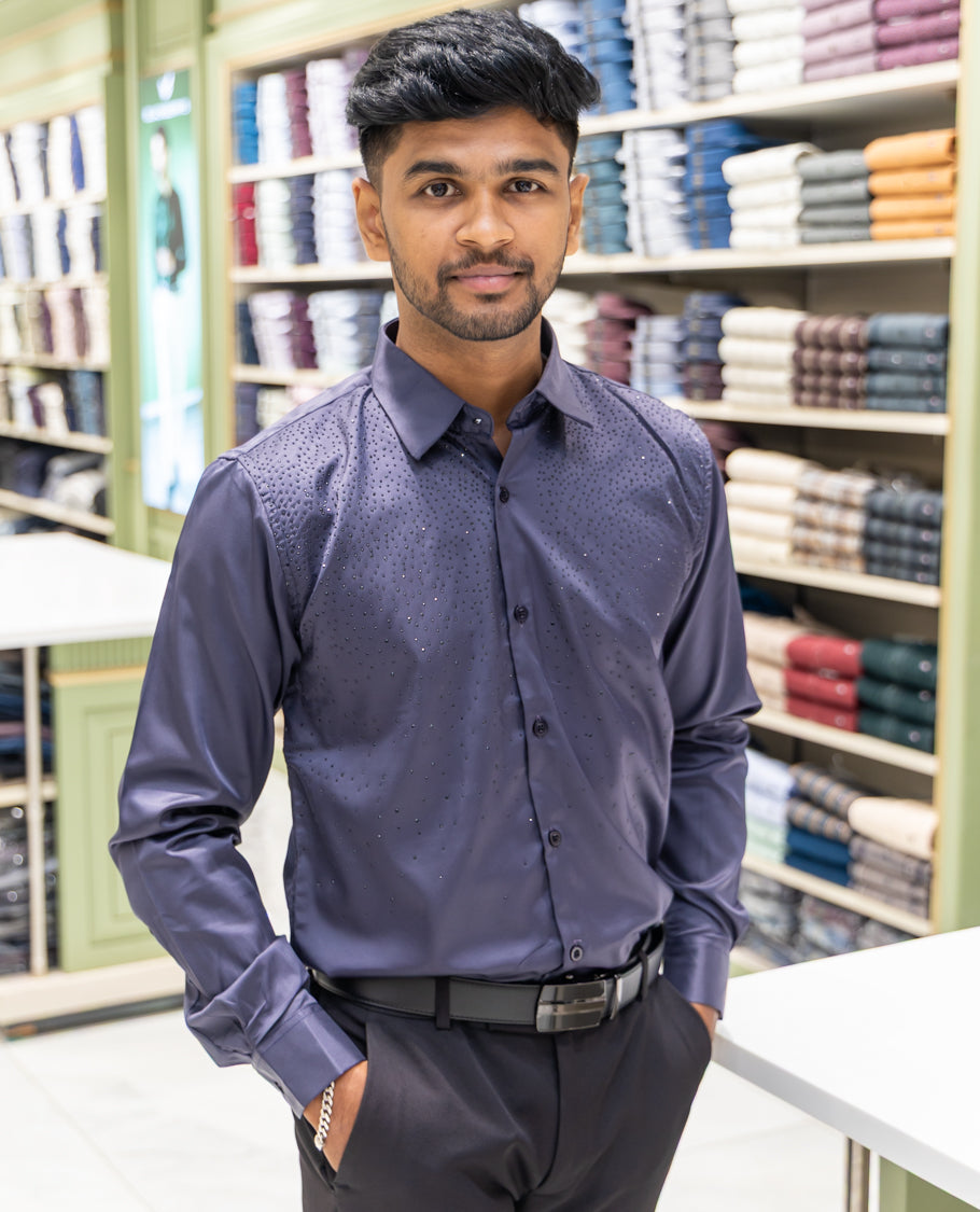 Grey Poly Satin Party Wear Shirt Features Micro-Stonework, Full Sleeves, a Slim Fit, a Spread Collar, and Regular Length