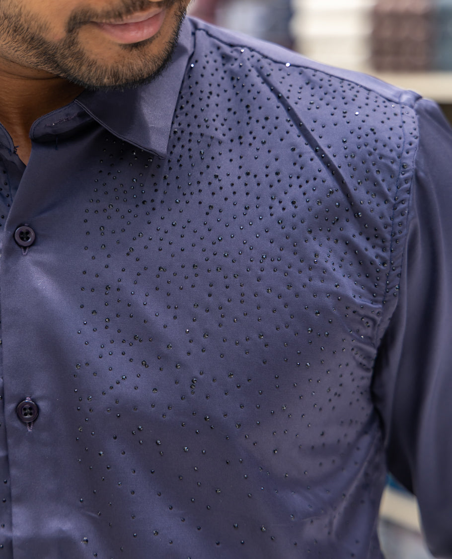Grey Poly Satin Party Wear Shirt Features Micro-Stonework, Full Sleeves, a Slim Fit, a Spread Collar, and Regular Length