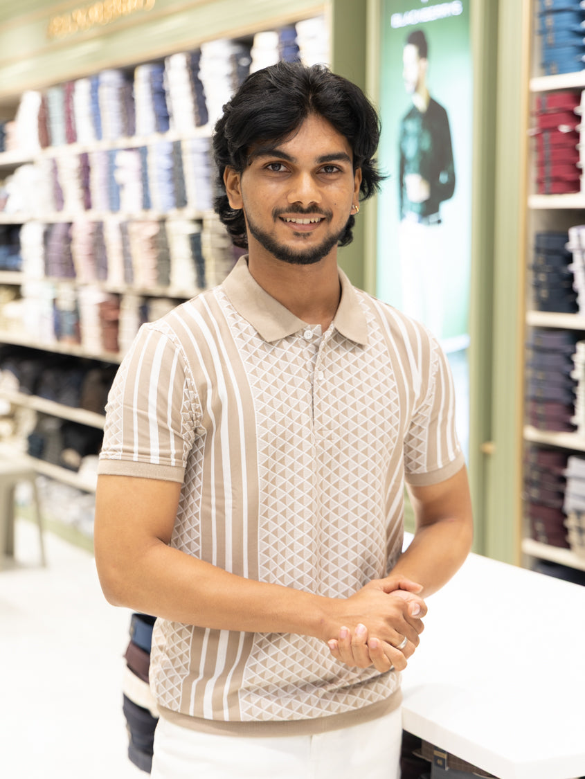 Yellow Cotton-Blended Polo Neck T-Shirt Features Triangle Grid Print, Half Sleeves, a Slim Fit, and Regular Length