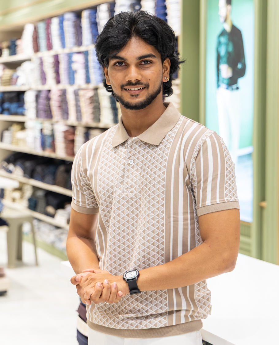 Yellow Cotton-Blended Polo Neck T-Shirt Features Triangle Grid Print, Half Sleeves, a Slim Fit, and Regular Length
