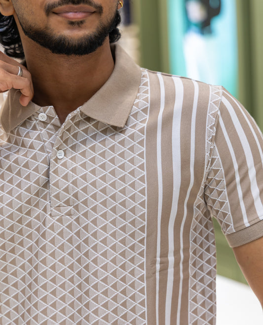 Yellow Cotton-Blended Polo Neck T-Shirt Features Triangle Grid Print, Half Sleeves, a Slim Fit, and Regular Length