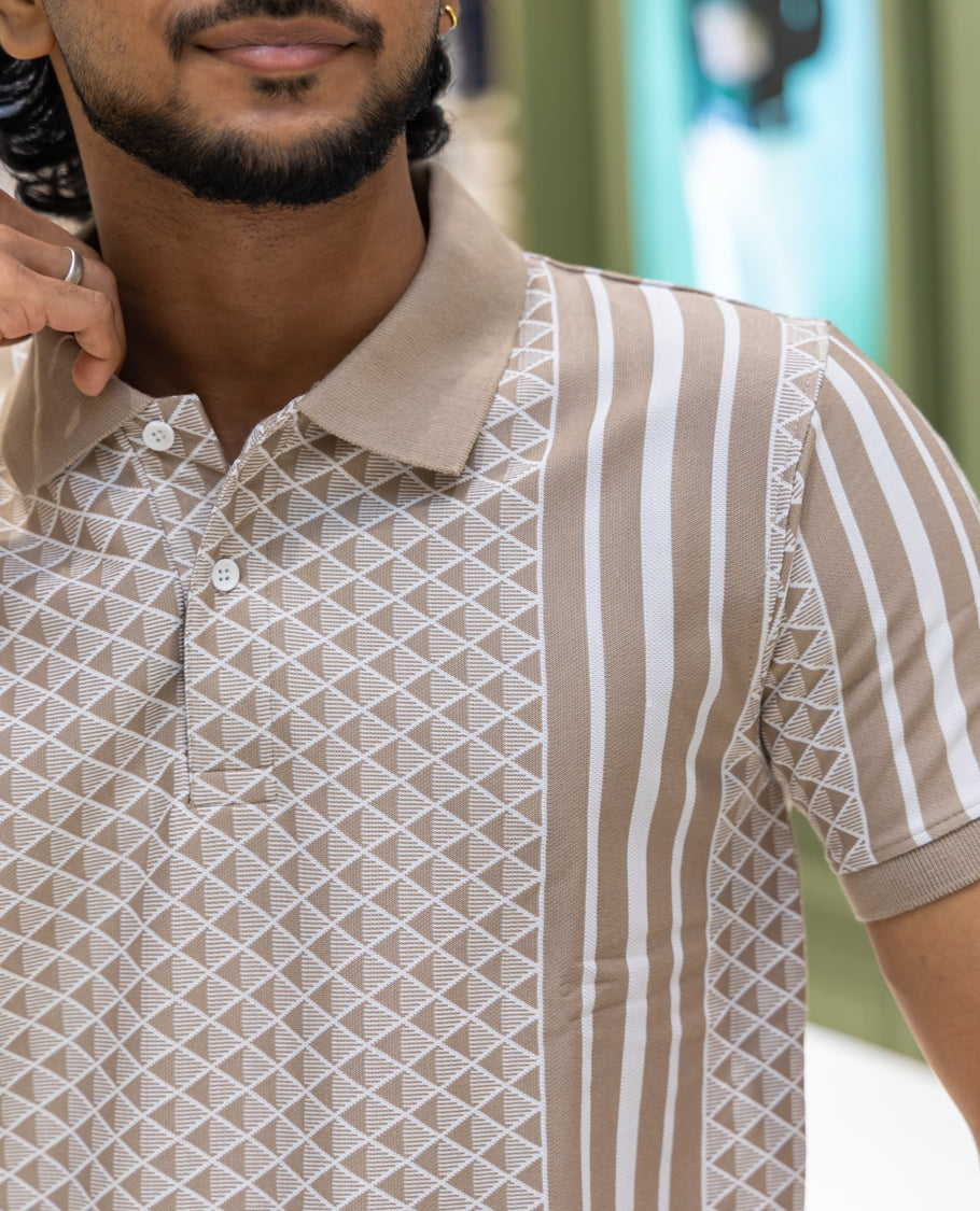 Yellow Cotton-Blended Polo Neck T-Shirt Features Triangle Grid Print, Half Sleeves, a Slim Fit, and Regular Length