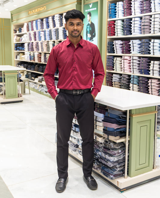 Red Poly Satin Party Wear Shirt Features Micro-Stonework, Full Sleeves, a Slim Fit, a Spread Collar, and Regular Length