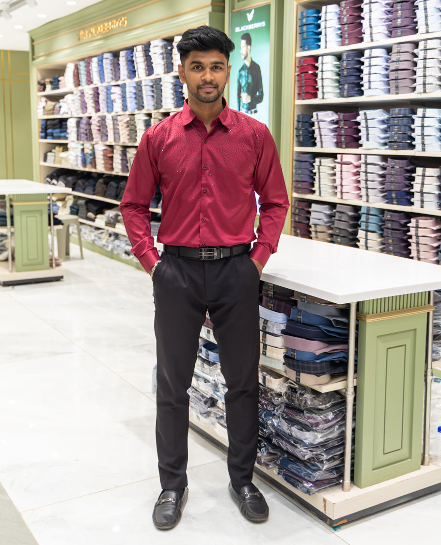 Red Poly Satin Party Wear Shirt Features Micro-Stonework, Full Sleeves, a Slim Fit, a Spread Collar, and Regular Length