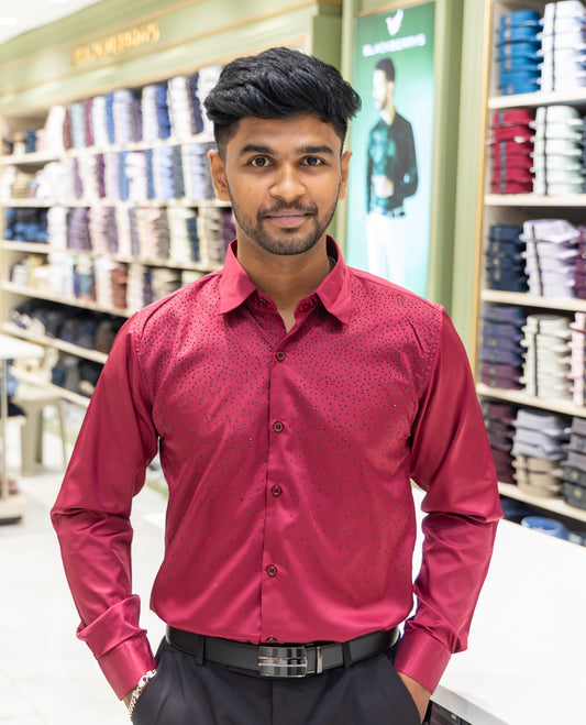 Red Poly Satin Party Wear Shirt Features Micro-Stonework, Full Sleeves, a Slim Fit, a Spread Collar, and Regular Length