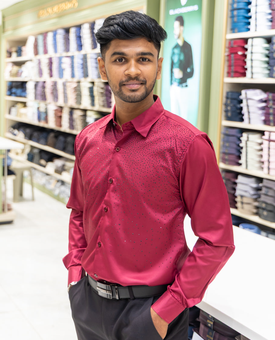 Red Poly Satin Party Wear Shirt Features Micro-Stonework, Full Sleeves, a Slim Fit, a Spread Collar, and Regular Length