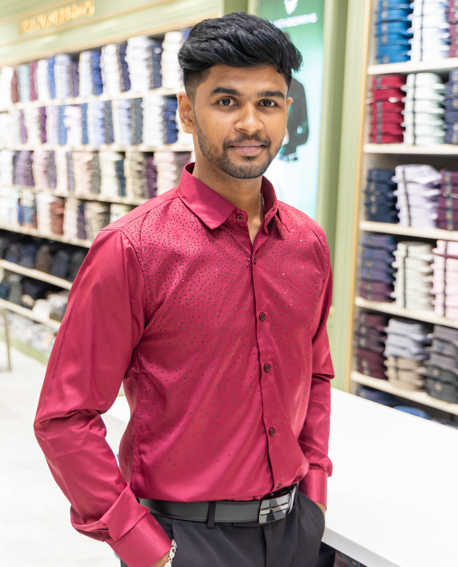 Red Poly Satin Party Wear Shirt Features Micro-Stonework, Full Sleeves, a Slim Fit, a Spread Collar, and Regular Length
