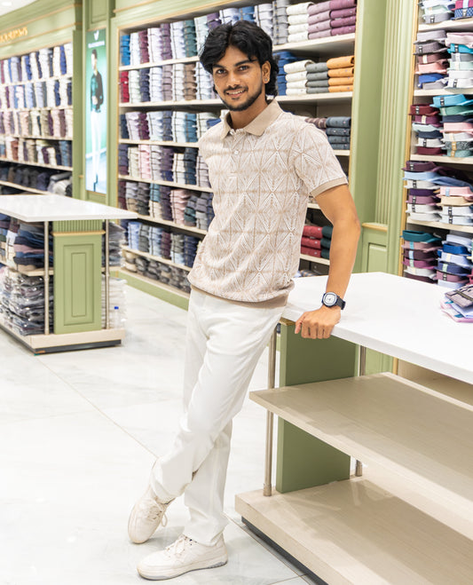 Yellow Cotton-Blended Polo Neck T-Shirt Features Argyle Print, Half Sleeves, a Slim Fit, and Regular Length