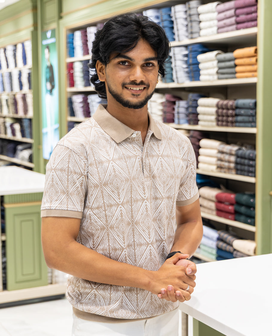Yellow Cotton-Blended Polo Neck T-Shirt Features Argyle Print, Half Sleeves, a Slim Fit, and Regular Length