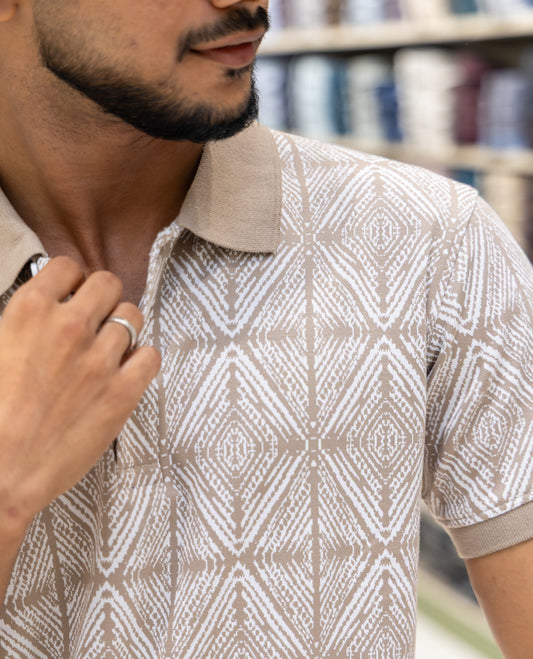 Yellow Cotton-Blended Polo Neck T-Shirt Features Argyle Print, Half Sleeves, a Slim Fit, and Regular Length