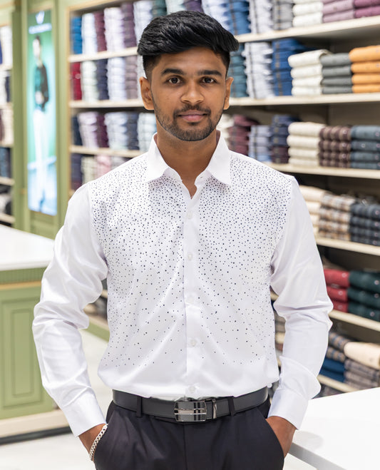 White Poly Satin Party Wear Shirt Features Micro-Stonework, Full Sleeves, a Slim Fit, a Spread Collar, and Regular Length