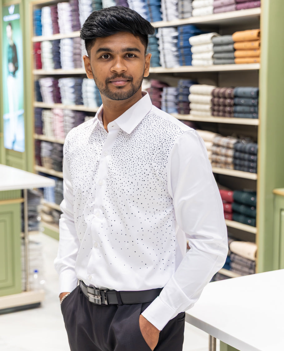 White Poly Satin Party Wear Shirt Features Micro-Stonework, Full Sleeves, a Slim Fit, a Spread Collar, and Regular Length